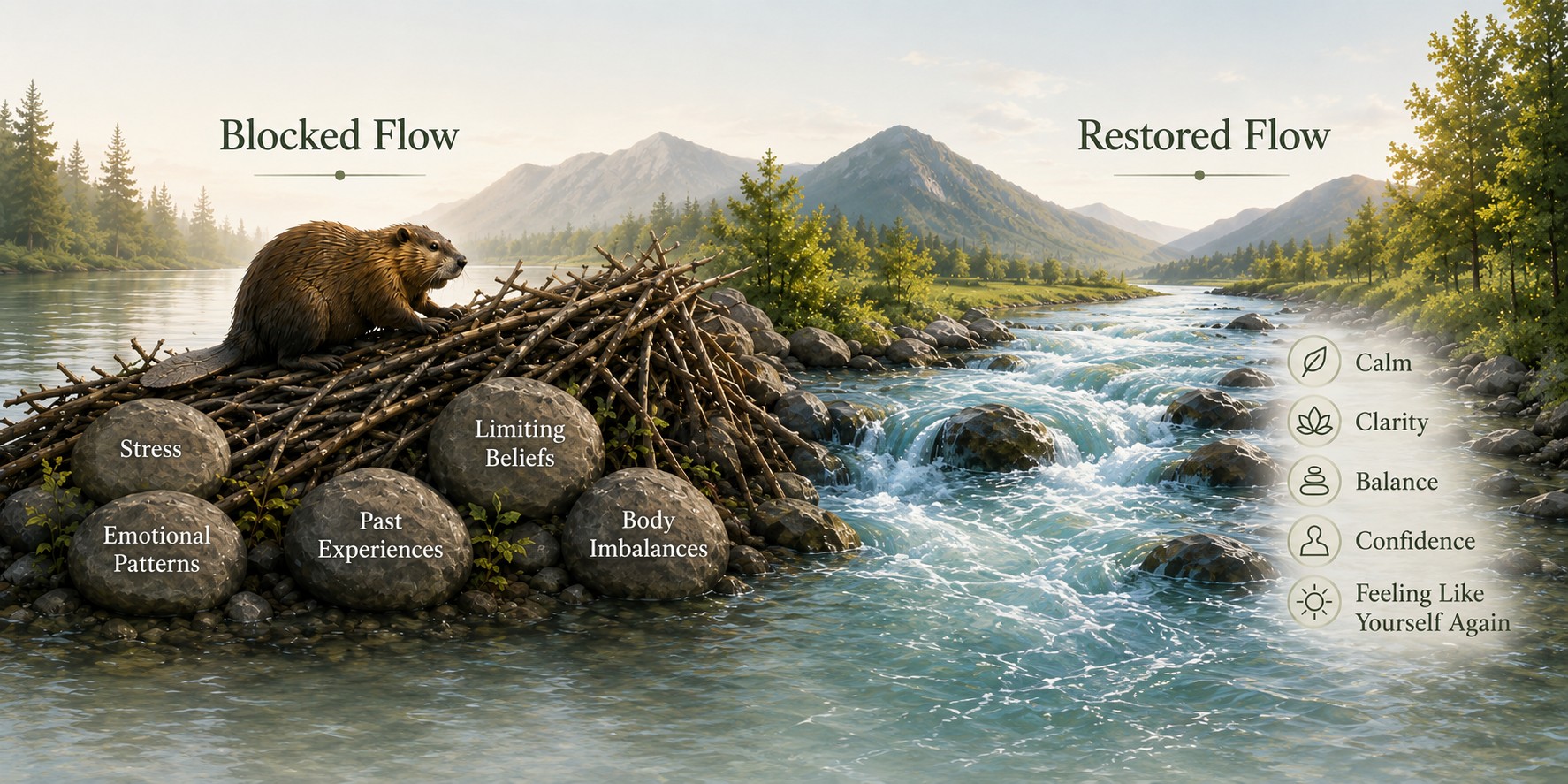 An illustration of a river: on the left, a beaver dam built of branches blocks the flow, surrounded by stones labeled Stress, Emotional Patterns, Past Experiences, Limiting Beliefs, and Body Imbalances; on the right, the river runs clear and freely, with icons next to the words Calm, Clarity, Balance, Confidence, and Feeling Like Yourself Again.